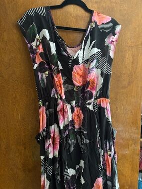 Black Floral Midi Dress with Coral & Pink Roses